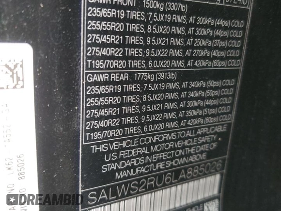 2020 Land Rover Range Rover Sport HST z VIN SALWS2RU6LA885026, wystawiony jako Copart lot #63451415 z przebiegiem 70 774 mil mil oraz Nie do naprawy • Non repairable. Historia ofert i sprzedaży dostępna na DreamBid. Obrazek 14.