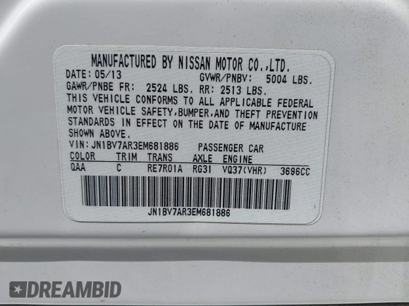 2014 Infiniti Q50 Sport with VIN JN1BV7AR3EM681886, listed as a IAAI auction lot 42382281 with 140,005 mi miles and . Bid and sale history available at DreamBid. Image 9.