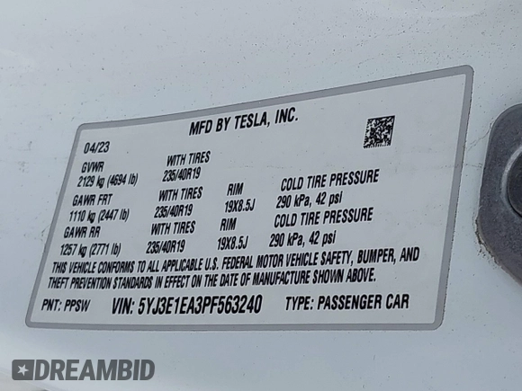2023 Tesla Model 3 с VIN 5YJ3E1EA3PF563240, выставлен на аукционе IAAI как лот 42190104 с пробегом 32 596 миль миль и . История ставок и продаж доступна на DreamBid. Изображение 9.