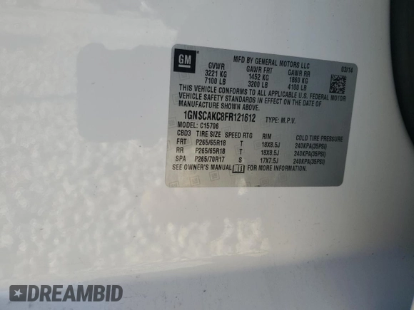 2015 Chevrolet Tahoe LS with VIN 1GNSCAKC8FR121612, listed as a Copart auction lot 56363785 with 239,214 mi miles and Salvage title. Bid and sale history available at DreamBid. Image 12.
