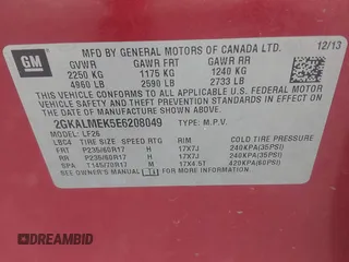 2014 GMC Terrain SLE with VIN 2GKALMEK5E6208049, listed as a IAAI auction lot 42719777 with 184,591 mi miles and . Bid and sale history available at DreamBid. Image 9.
