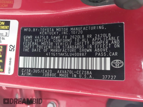 2020 Toyota Camry SE with VIN 4T1G11AK5LU400887, listed as a IAAI auction lot 41723723 with 93,443 mi miles. Bid and sale history available at carsss.com. Image 9.