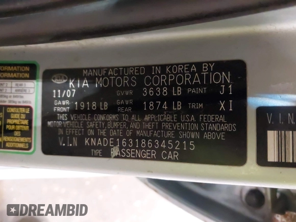 2008 Kia Rio LX with VIN KNADE163186345215, listed as a IAAI auction lot 41776000 with 141,859 mi miles. Bid and sale history available at carsss.com. Image 9.