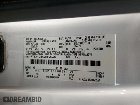 2018 Ford F-150 XL with VIN 1FTEX1CB6JKF06023, listed as a Copart auction lot 53733325 with 147,907 mi miles and Clean title. Bid and sale history available at DreamBid. Image 12.