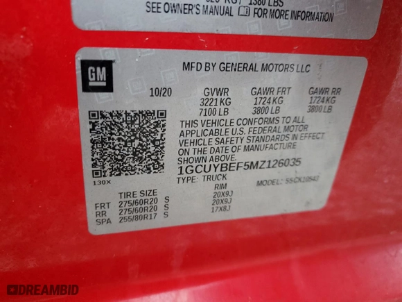 2021 Chevrolet Silverado 1500 Custom with VIN 1GCUYBEF5MZ126035, listed as a Copart auction lot 84873734 with 0 mi miles and Salvage Title. Bid and sale history available at carsss.com. Image 12.
