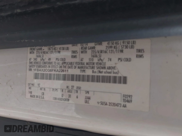 2015 Ford Transit Passenger XL with VIN 1FBAX2CG8FKA22611, listed as a IAAI auction lot 42495659 with 275,024 mi miles and . Bid and sale history available at DreamBid. Image 9.