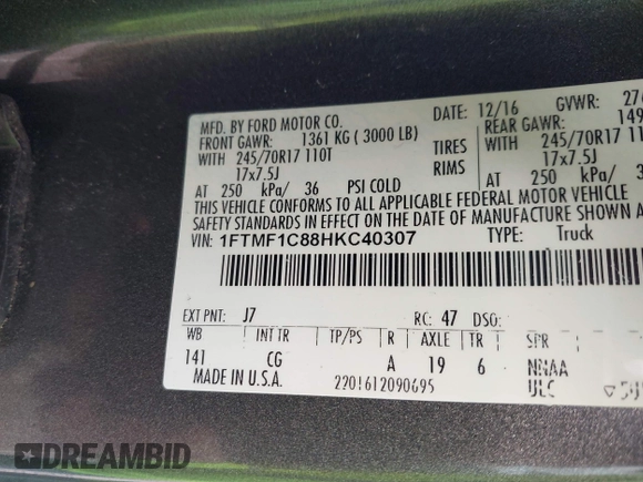 2017 Ford F-150 XL with VIN 1FTMF1C88HKC40307, listed as a IAAI auction lot 41902985 with 152,242 mi miles and . Bid and sale history available at DreamBid. Image 9.