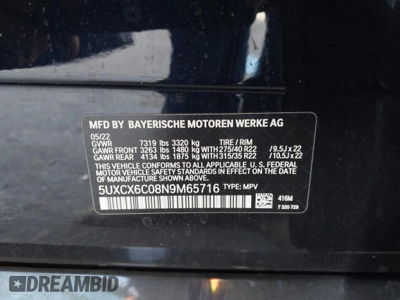 2022 BMW X7 M50i with VIN 5UXCX6C08N9M65716, listed as a IAAI auction lot 40795908 with 1 mi miles. Bid and sale history available at carsss.com. Image 9.