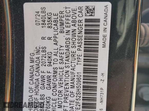 2025 Honda Civic Sport with VIN 2HGFE2F52SH509601, listed as a Copart auction lot 51988145 with 3,577 mi miles and Salvage title. Bid and sale history available at DreamBid. Image 13.