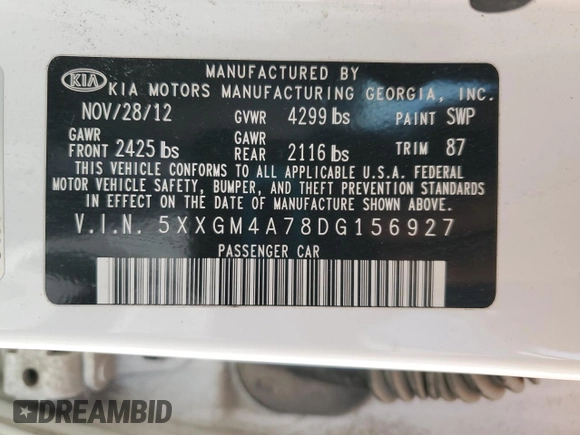 2013 Kia Optima LX with VIN 5XXGM4A78DG156927, listed as a Copart auction lot 50892945 with 194,839 mi miles and Salvage Title. Bid and sale history available at carsss.com. Image 13.
