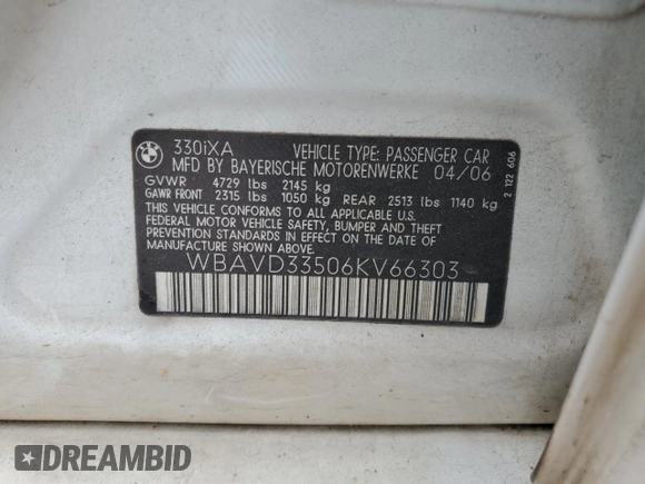 2006 BMW 3 Series 330xi with VIN WBAVD33506KV66303, listed as a Copart auction lot 50023574 with 0 mi miles and Salvage Title. Bid and sale history available at carsss.com. Image 12.