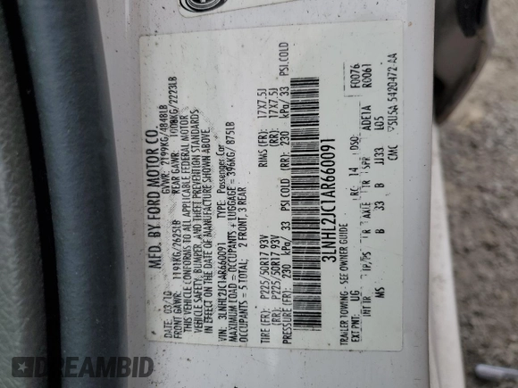 2010 Lincoln MKZ with VIN 3LNHL2JC1AR660091, listed as a Copart auction lot 47054055 with 178,706 mi miles and Clean title. Bid and sale history available at DreamBid. Image 12.