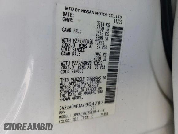 2010 Infiniti QX56 with VIN 5N3ZA0NF3AN904787, listed as a Copart auction lot 55149195 with 227,730 mi miles and Salvage title. Bid and sale history available at DreamBid. Image 13.