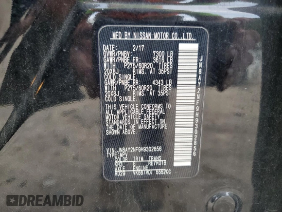 2017 Nissan Armada Platinum with VIN JN8AY2NF9H9302856, listed as a Copart auction lot 60226345 with 116,336 mi miles and Salvage title. Bid and sale history available at DreamBid. Image 13.