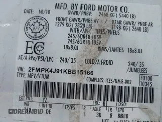 2019 Ford Edge SEL with VIN 2FMPK4J91KBB15166, listed as a IAAI auction lot 42018927 with 131,732 mi miles. Bid and sale history available at carsss.com. Image 9.