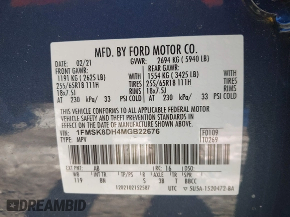 2021 Ford Explorer XLT z VIN 1FMSK8DH4MGB22676, wystawiony jako IAAI lot #41413548 z przebiegiem 41 287 mil mil oraz . Historia ofert i sprzedaży dostępna na DreamBid. Obrazek 8.