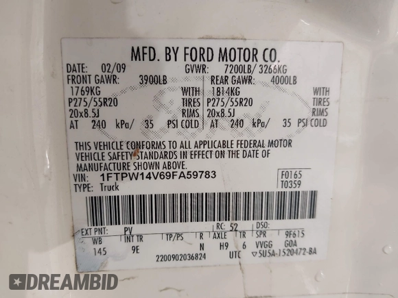 2009 Ford F-150 XL with VIN 1FTPW14V69FA59783, listed as a IAAI auction lot 42076897 with 133,087 mi miles and . Bid and sale history available at DreamBid. Image 9.