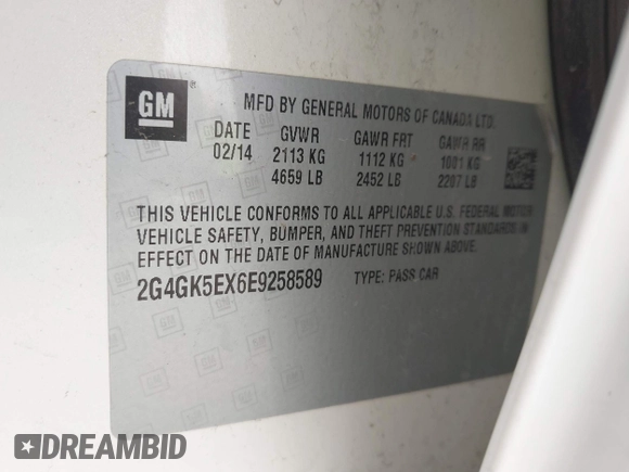 2014 Buick Regal with VIN 2G4GK5EX6E9258589, listed as a IAAI auction lot 42394279 with 111,812 mi miles and . Bid and sale history available at DreamBid. Image 9.