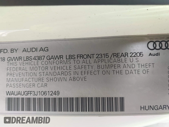 2018 Audi A3 Sedan Premium with VIN WAUAUGFF3J1061249, listed as a IAAI auction lot 41811633 with 78,522 mi miles. Bid and sale history available at carsss.com. Image 9.