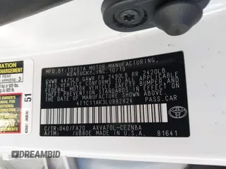 2020 Toyota Camry LE with VIN 4T1C11AK3LU882824, listed as a IAAI auction lot 41765544 with 48,209 mi miles and . Bid and sale history available at carsss.com. Image 9.