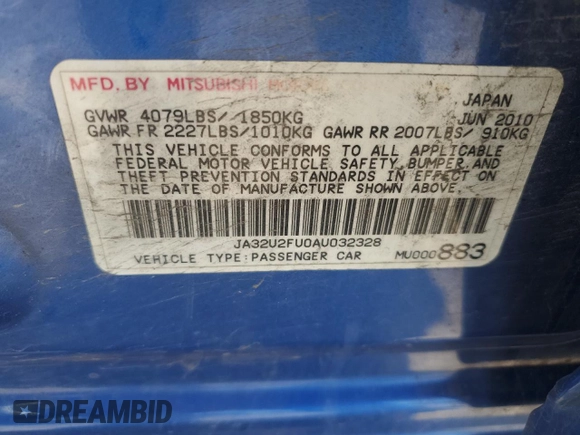 2010 Mitsubishi Lancer ES with VIN JA32U2FU0AU032328, listed as a Copart auction lot 54820975 with 173,792 mi miles and Salvage Title. Bid and sale history available at DreamBid. Image 13.
