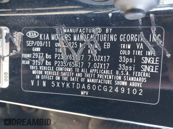 2012 Kia Sorento LX with VIN 5XYKTDA60CG249102, listed as a IAAI auction lot 41917579 with 248,503 mi miles. Bid and sale history available at carsss.com. Image 9.