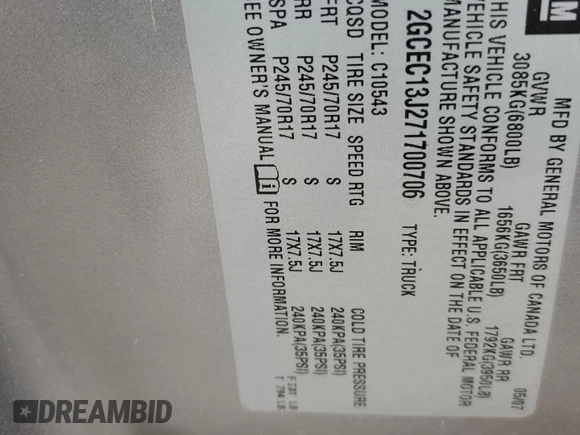 2007 Chevrolet Silverado 1500 1LT with VIN 2GCEC13J271700706, listed as a Copart auction lot 50018355 with Not Provided miles and Salvage Title. Bid and sale history available at DreamBid. Image 15.