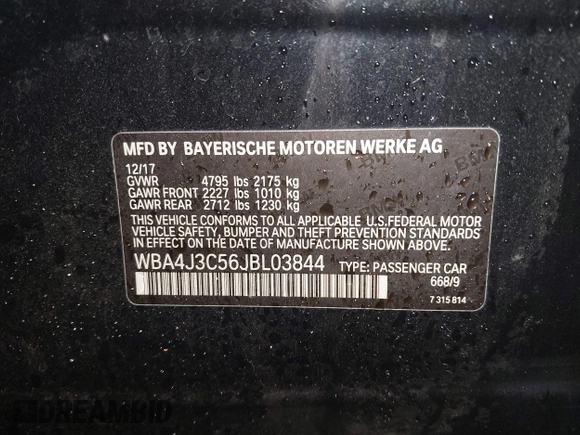 2018 BMW 4 Series 430i xDrive with VIN WBA4J3C56JBL03844, listed as a IAAI auction lot 40864200 with 56,115 mi miles and . Bid and sale history available at DreamBid. Image 9.