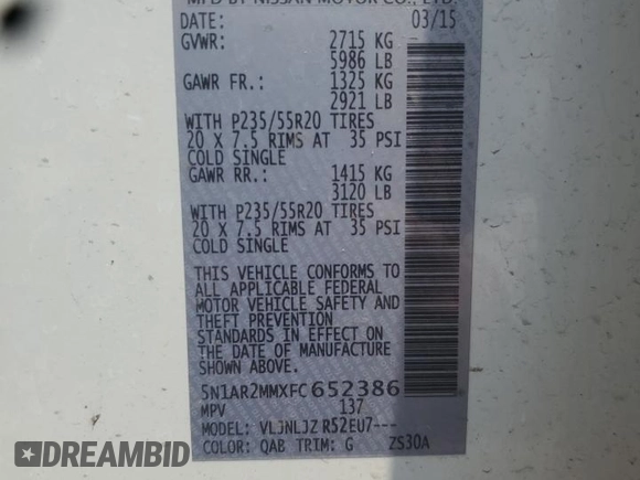 2015 Nissan Pathfinder SL z VIN 5N1AR2MMXFC652386, wystawiony jako Copart lot #59225715 z przebiegiem 76 089 mil mil oraz Szkoda całkowita • Salvage title. Historia ofert i sprzedaży dostępna na DreamBid. Obrazek 13.