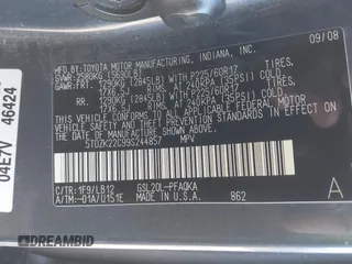 2009 Toyota Sienna XLE with VIN 5TDZK22C99S244857, listed as a IAAI auction lot 41114494 with 135,750 mi miles and . Bid and sale history available at DreamBid. Image 9.