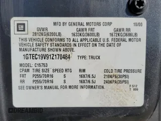 2001 GMC New Sierra 1500 SL with VIN 1GTEC19V91Z170484, listed as a Copart auction lot 43427915 with 357,362 mi miles and Clean Title. Bid and sale history available at carsss.com. Image 12.
