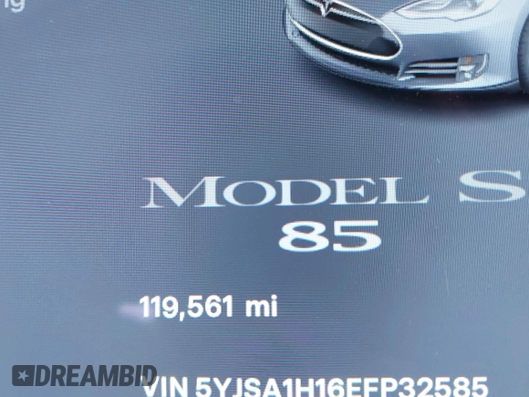 2014 Tesla Model S 60 with VIN 5YJSA1H16EFP32585, listed as a IAAI auction lot 42068925 with 119,561 mi miles and . Bid and sale history available at DreamBid. Image 15.