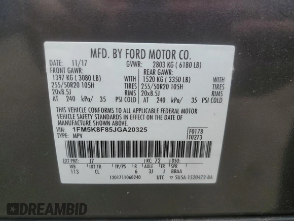 2018 Ford Explorer Limited z VIN 1FM5K8F85JGA20325, wystawiony jako Copart lot #56570065 z przebiegiem 134 860 mil mil oraz Szkoda całkowita • Salvage title. Historia ofert i sprzedaży dostępna na DreamBid. Obrazek 13.