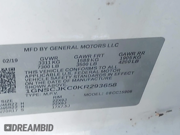 2019 Chevrolet Suburban Premier with VIN 1GNSCJKC0KR293658, listed as a IAAI auction lot 40563834 with 153,619 mi miles and . Bid and sale history available at DreamBid. Image 9.
