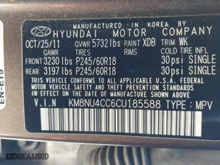 2012 Hyundai Veracruz Limited with VIN KM8NU4CC6CU185588, listed as a IAAI auction lot 41455986 with 175,675 mi miles. Bid and sale history available at carsss.com. Image 9.