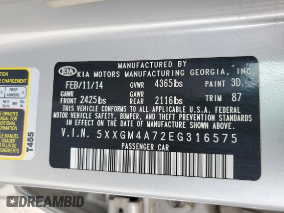 2014 Kia Optima LX z VIN 5XXGM4A72EG316575, wystawiony jako Copart lot #57855895 z przebiegiem 161 221 mil mil oraz Czysty tytuł • Clean title. Historia ofert i sprzedaży dostępna na DreamBid. Obrazek 12.