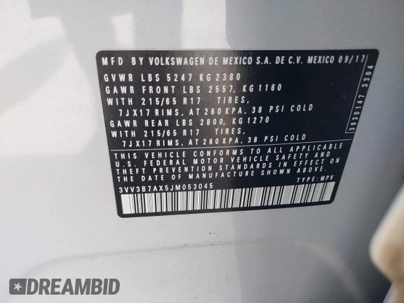 2018 Volkswagen Tiguan SEL with VIN 3VV3B7AX5JM053045, listed as a IAAI auction lot 41963017 with 77,495 mi miles and . Bid and sale history available at DreamBid. Image 9.