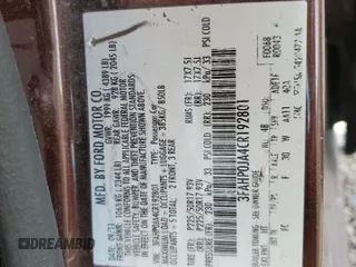 2012 Ford Fusion SEL with VIN 3FAHP0JA4CR192801, listed as a Copart auction lot 57425405 with 226,575 mi miles and Salvage title. Bid and sale history available at DreamBid. Image 12.