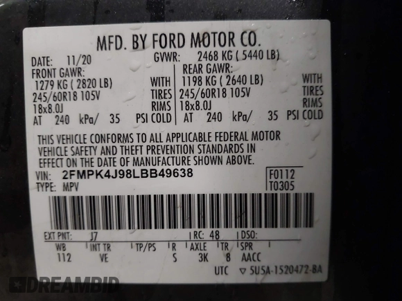 2020 Ford Edge SEL with VIN 2FMPK4J98LBB49638, listed as a IAAI auction lot 41844321 with 84,115 mi miles. Bid and sale history available at carsss.com. Image 9.