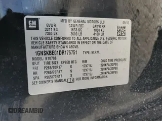 2013 Chevrolet Tahoe LT with VIN 1GNSKBE01DR176751, listed as a Copart auction lot 60303165 with 201,672 mi miles and Salvage title. Bid and sale history available at DreamBid. Image 12.