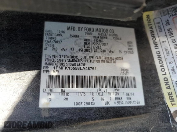 2008 Ford Expedition Max SSV with VIN 1FMFK15558LA48761, listed as a Copart auction lot 64095825 with 237,697 mi miles and Clean title. Bid and sale history available at DreamBid. Image 13.