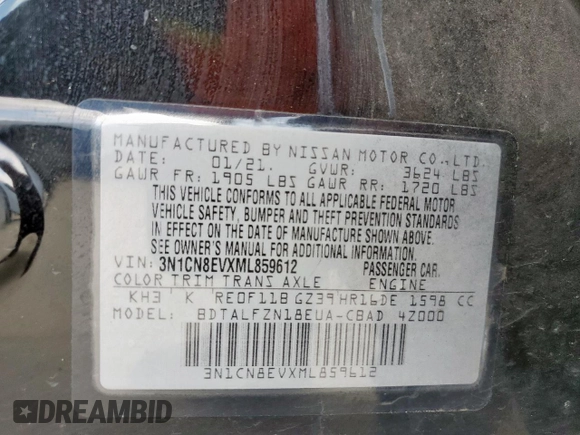 2021 Nissan Versa SV with VIN 3N1CN8EVXML859612, listed as a Copart auction lot 58491295 with 86,335 mi miles and Salvage title. Bid and sale history available at DreamBid. Image 12.