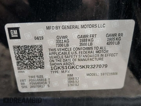 2019 GMC Yukon XL SLT with VIN 1GKS1GKC5KR327079, listed as a Copart auction lot 66189284 with 115,038 mi miles and Salvage Title. Bid and sale history available at carsss.com. Image 16.