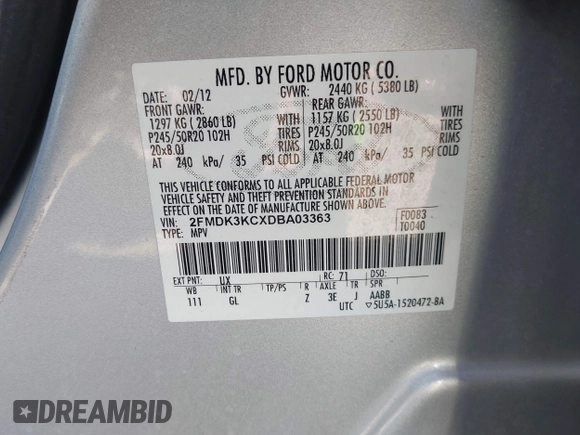2013 Ford Edge Limited with VIN 2FMDK3KCXDBA03363, listed as a IAAI auction lot 42549762 with 79,642 mi miles and . Bid and sale history available at DreamBid. Image 9.