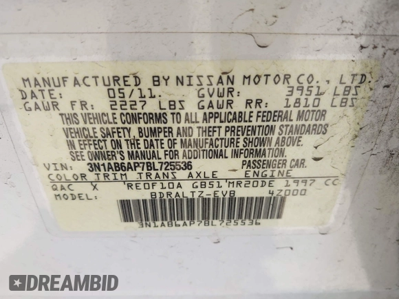 2011 Nissan Sentra 2.0 with VIN 3N1AB6AP7BL725536, listed as a IAAI auction lot 42615365 with 127,188 mi miles and . Bid and sale history available at DreamBid. Image 9.
