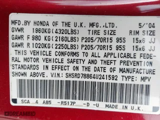 2004 Honda CR-V EX with VIN SHSRD78864U241592, listed as a IAAI auction lot 41875369 with 223,970 mi miles. Bid and sale history available at carsss.com. Image 9.