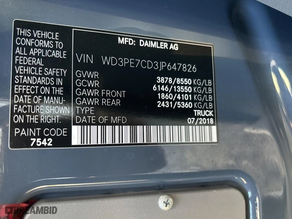 2018 Mercedes-Benz Sprinter Cargo Van Worker with VIN WD3PE7CD3JP647826, listed as a Copart auction lot 81587584 with 79,699 mi miles and Clean Title. Bid and sale history available at carsss.com. Image 10.