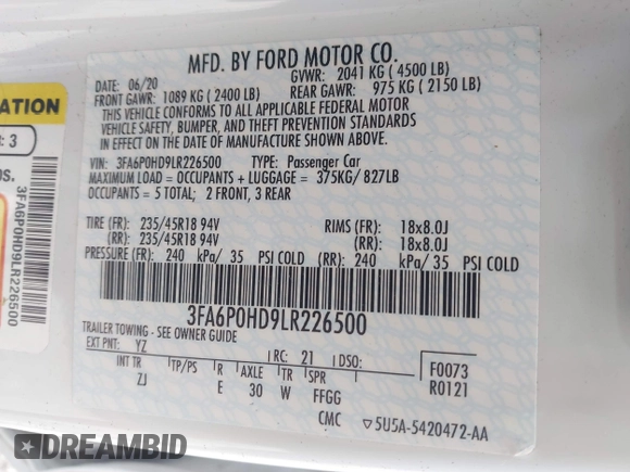 2020 Ford Fusion SE with VIN 3FA6P0HD9LR226500, listed as a IAAI auction lot 42296526 with 48,468 mi miles and . Bid and sale history available at DreamBid. Image 9.