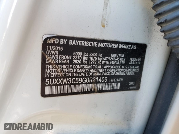 2016 BMW X4 xDrive28i with VIN 5UXXW3C59G0R21406, listed as a Copart auction lot 37815274 with 109,407 mi miles. Bid and sale history available at carsss.com. Image 14.