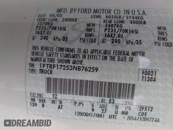 2003 Ford F-150 XL with VIN 1FTRF17253NB76259, listed as a IAAI auction lot 42343861 with Not provided miles and . Bid and sale history available at DreamBid. Image 9.